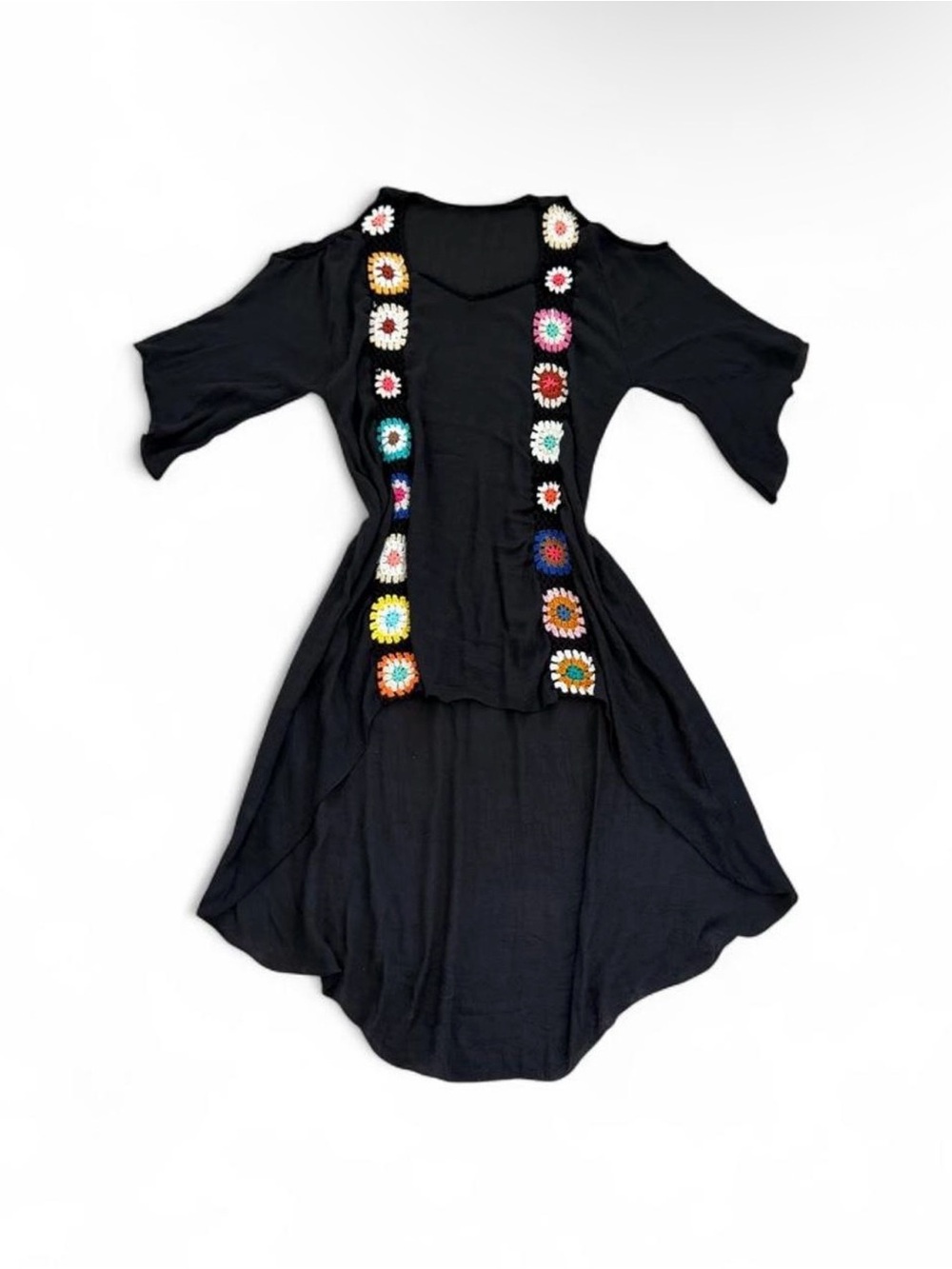 Black Cold-Shoulder Tunic with Multicolor Crochet Flower Trim - Picture 2 of 4